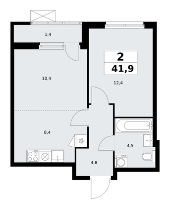 41,9 м², своб. планировка, 8/11 этаж