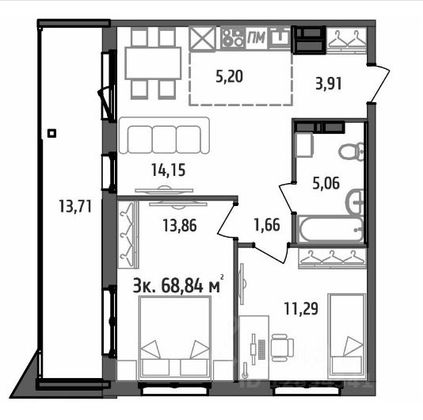 Продажа 3-комнатной квартиры 68,8 м², 2/9 этаж