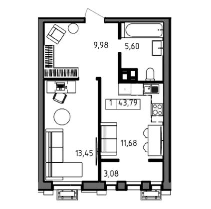 Продажа 1-комнатной квартиры 43,8 м², 6/23 этаж