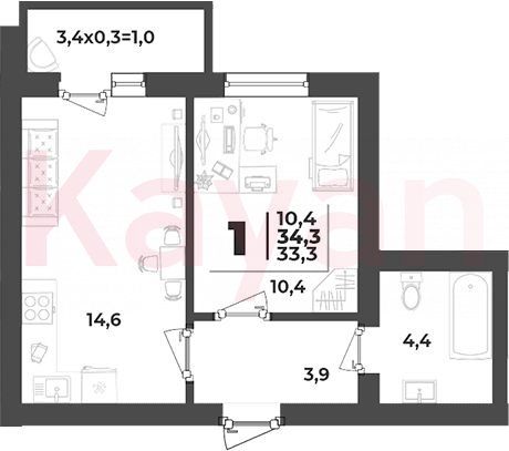 Продажа 1-комнатной квартиры 33,3 м², 5/5 этаж
