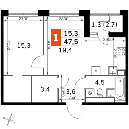 47,5 м², 1-комн. квартира, 23/30 этаж