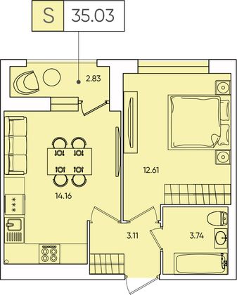 34,7 м², 1-комн. квартира, 1/13 этаж