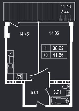 41,7 м², 1-комн. квартира, 6/8 этаж