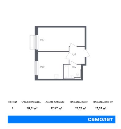 38,5 м², 1-комн. квартира, 7/7 этаж