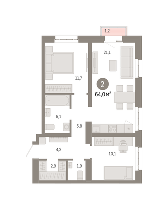 Продажа 2-комнатной квартиры 64 м², 12/16 этаж