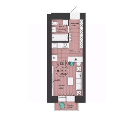 Продажа 2-комнатной квартиры 24,2 м², 16/20 этаж