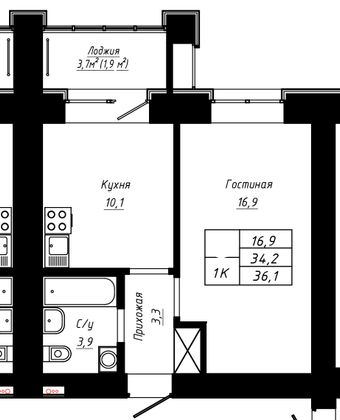 Продажа 1-комнатной квартиры 36,1 м², 5/16 этаж