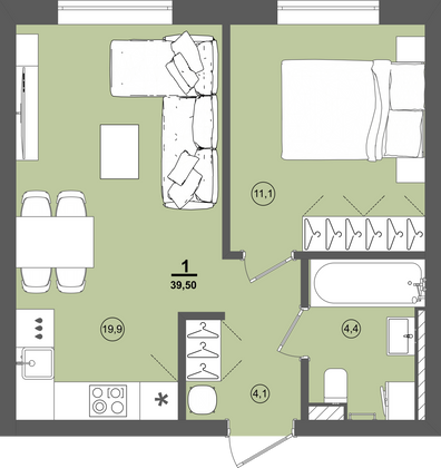 Продажа 1-комнатной квартиры 39,5 м², 2/9 этаж