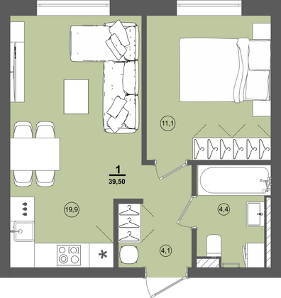 Продажа 1-комнатной квартиры 39,5 м², 4/9 этаж