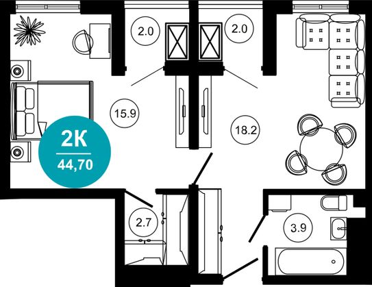 44,7 м², 2-комн. квартира, 4/10 этаж