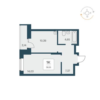 39,5 м², 1-комн. квартира, 1/23 этаж