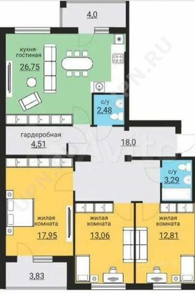 Продажа 4-комнатной квартиры 98 м², 3/3 этаж