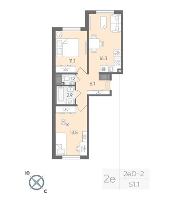 Продажа 2-комнатной квартиры 51,1 м², 5/22 этаж