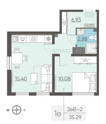 Продажа 1-комнатной квартиры 35,3 м², 14/25 этаж
