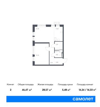 Продажа 2-комнатной квартиры 46,5 м², 2/17 этаж