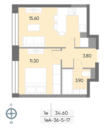 Продажа 1-комнатной квартиры 34,6 м², 12/30 этаж