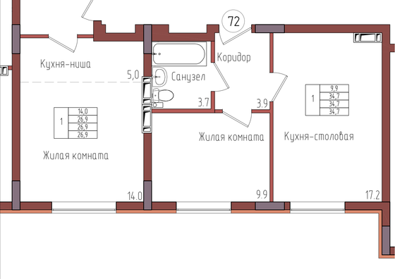 34,7 м², 1-комн. квартира, 1/9 этаж