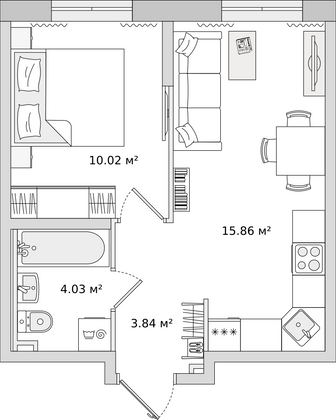 33,5 м², 1-комн. квартира, 1/17 этаж