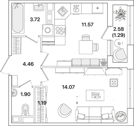 38,2 м², 1-комн. квартира, 9/12 этаж