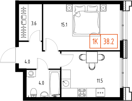 38,2 м², 1-комн. квартира, 2/9 этаж