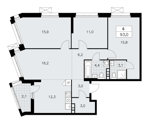 93 м², своб. планировка, 10/21 этаж