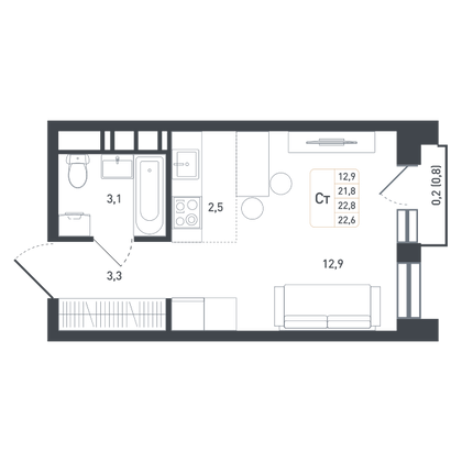 22 м², 1-комн. квартира, 6/8 этаж