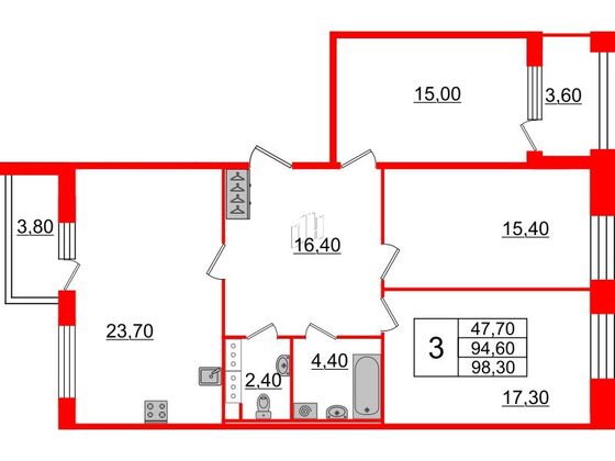 Продажа 3-комнатной квартиры 94,6 м², 6/10 этаж