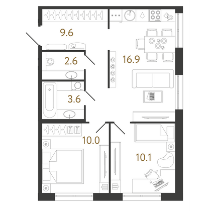 52,8 м², 2-комн. квартира, 2/16 этаж