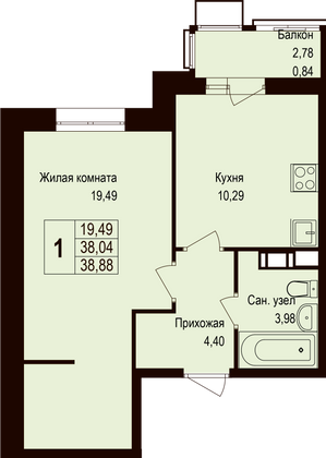 Продажа 1-комнатной квартиры 38,9 м², 3/6 этаж