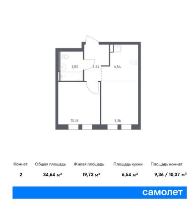 34,6 м², 2-комн. квартира, 6/12 этаж