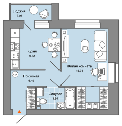 38 м², 1-комн. квартира, 3/8 этаж