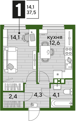 Продажа 1-комнатной квартиры 37,5 м², 9/16 этаж