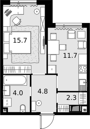 38,5 м², 1-комн. квартира, 24/28 этаж