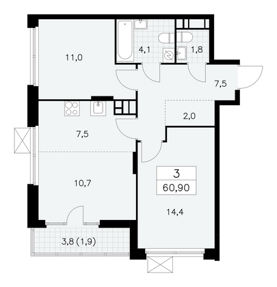 60,9 м², своб. планировка, 15/17 этаж