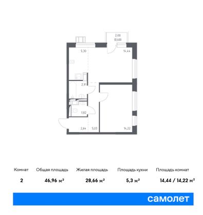 Продажа 2-комнатной квартиры 47 м², 6/14 этаж