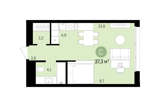 37,3 м², студия, 9/18 этаж