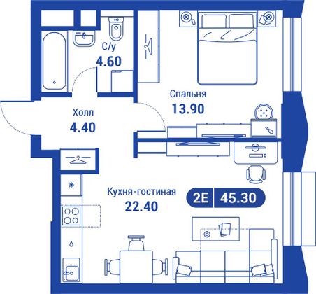 45,3 м², 2-комн. квартира, 24/26 этаж