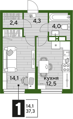 Продажа 1-комнатной квартиры 37,3 м², 10/16 этаж