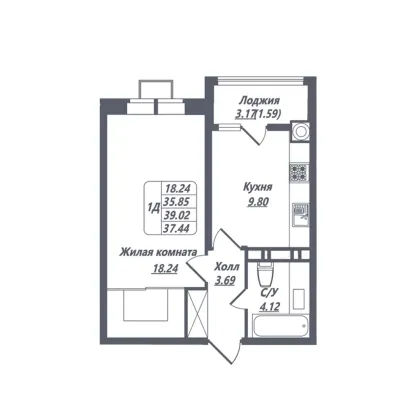 Продажа 1-комнатной квартиры 37,4 м², 5/8 этаж