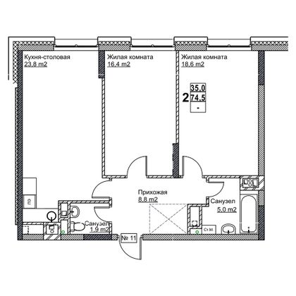 Продажа 2-комнатной квартиры 74,5 м², 3/24 этаж