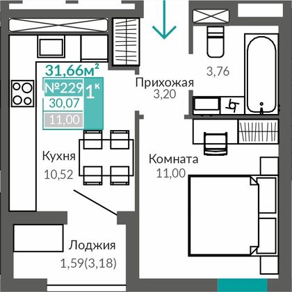 30,1 м², 1-комн. квартира, 8/9 этаж