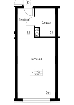 37,8 м², 1-комн. квартира, 1/5 этаж