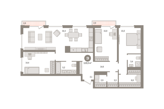 Продажа 3-комнатной квартиры 119 м², 3/14 этаж