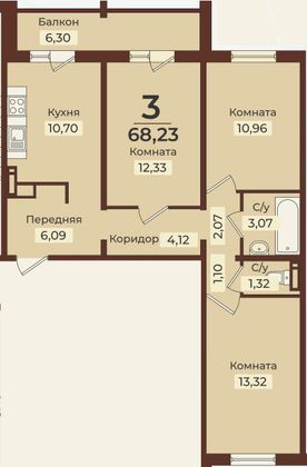 68 м², 3-комн. квартира, 9/10 этаж