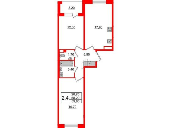 Продажа 2-комнатной квартиры 58,2 м², 3/4 этаж