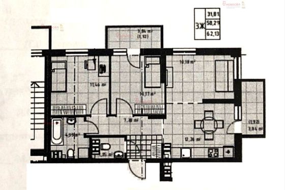 Продажа 3-комнатной квартиры 57,4 м², 12/19 этаж