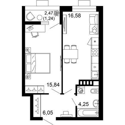 44 м², 1-комн. квартира, 2/10 этаж