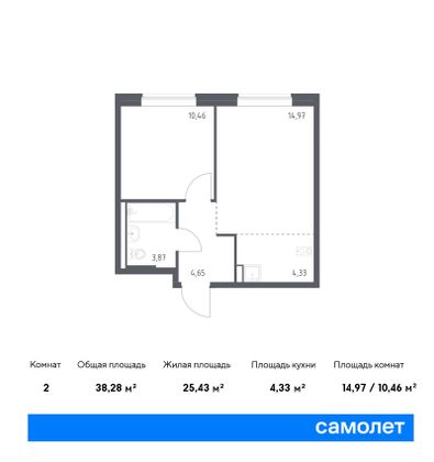 38,3 м², 1-комн. квартира, 1/9 этаж