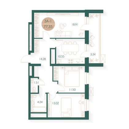 77,3 м², 3-комн. квартира, 4/24 этаж