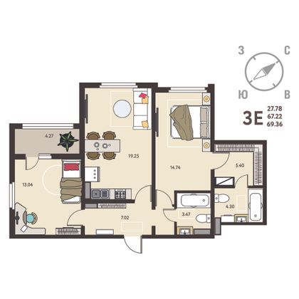 69,4 м², 2-комн. квартира, 2/18 этаж